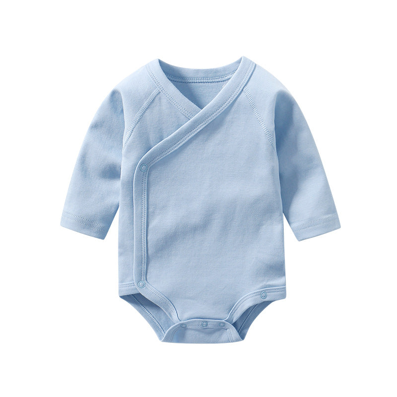 Baby Multi Color Bias Placket Long Sleeve Onesies in various colors with slanting button design, made from soft cotton fabric.