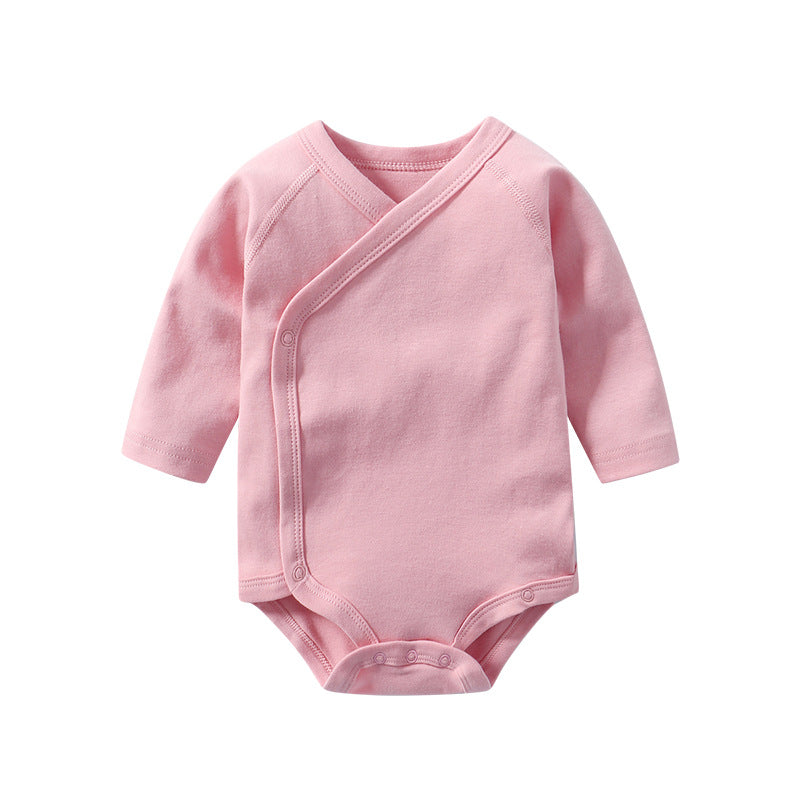 Baby Multi Color Bias Placket Long Sleeve Onesies in various colors with slanting button design, made from soft cotton fabric.