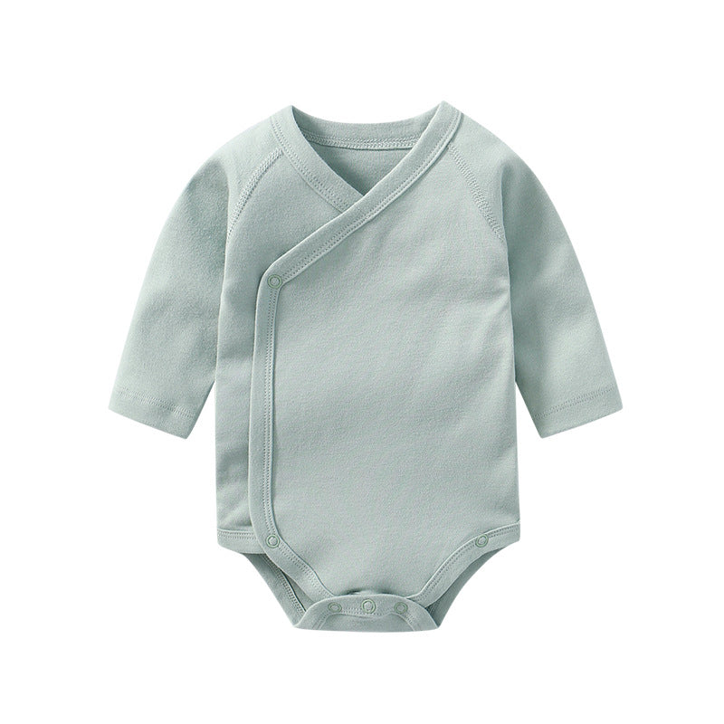 Baby Multi Color Bias Placket Long Sleeve Onesies in various colors with slanting button design, made from soft cotton fabric.