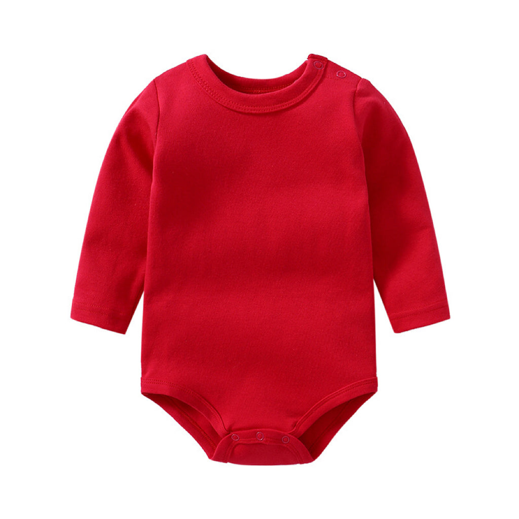 A collection of colorful baby long sleeve cotton onesies in various sizes, showcasing vibrant colors like red, pink, blue, and yellow.