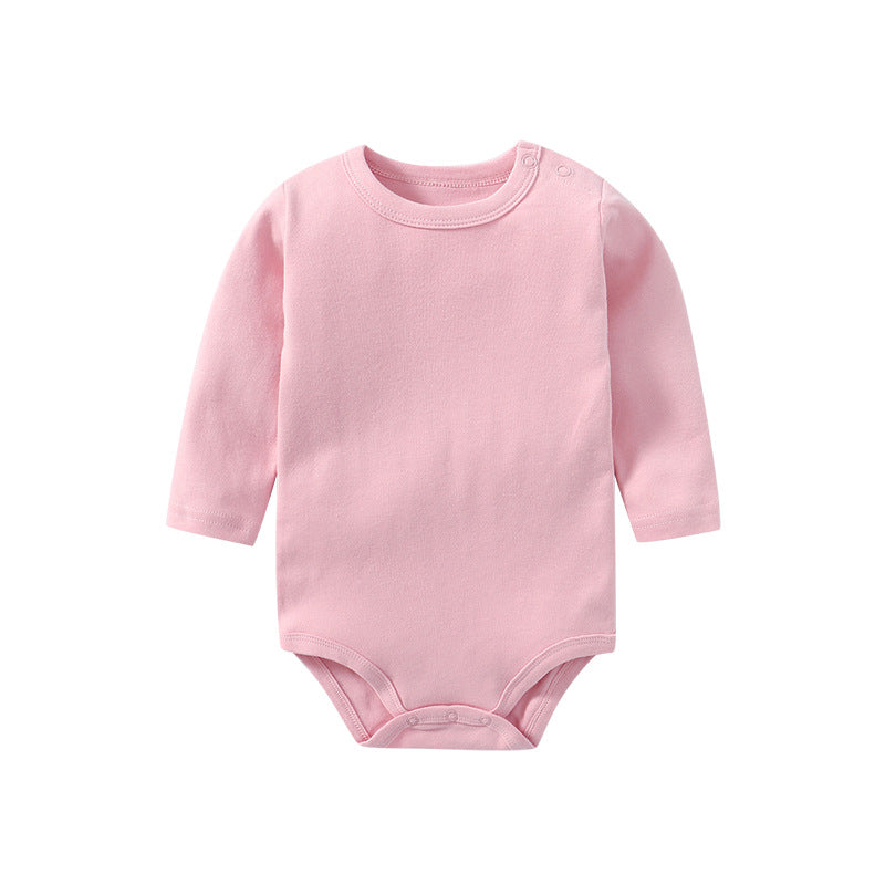 A collection of colorful baby long sleeve cotton onesies in various sizes, showcasing vibrant colors like red, pink, blue, and yellow.