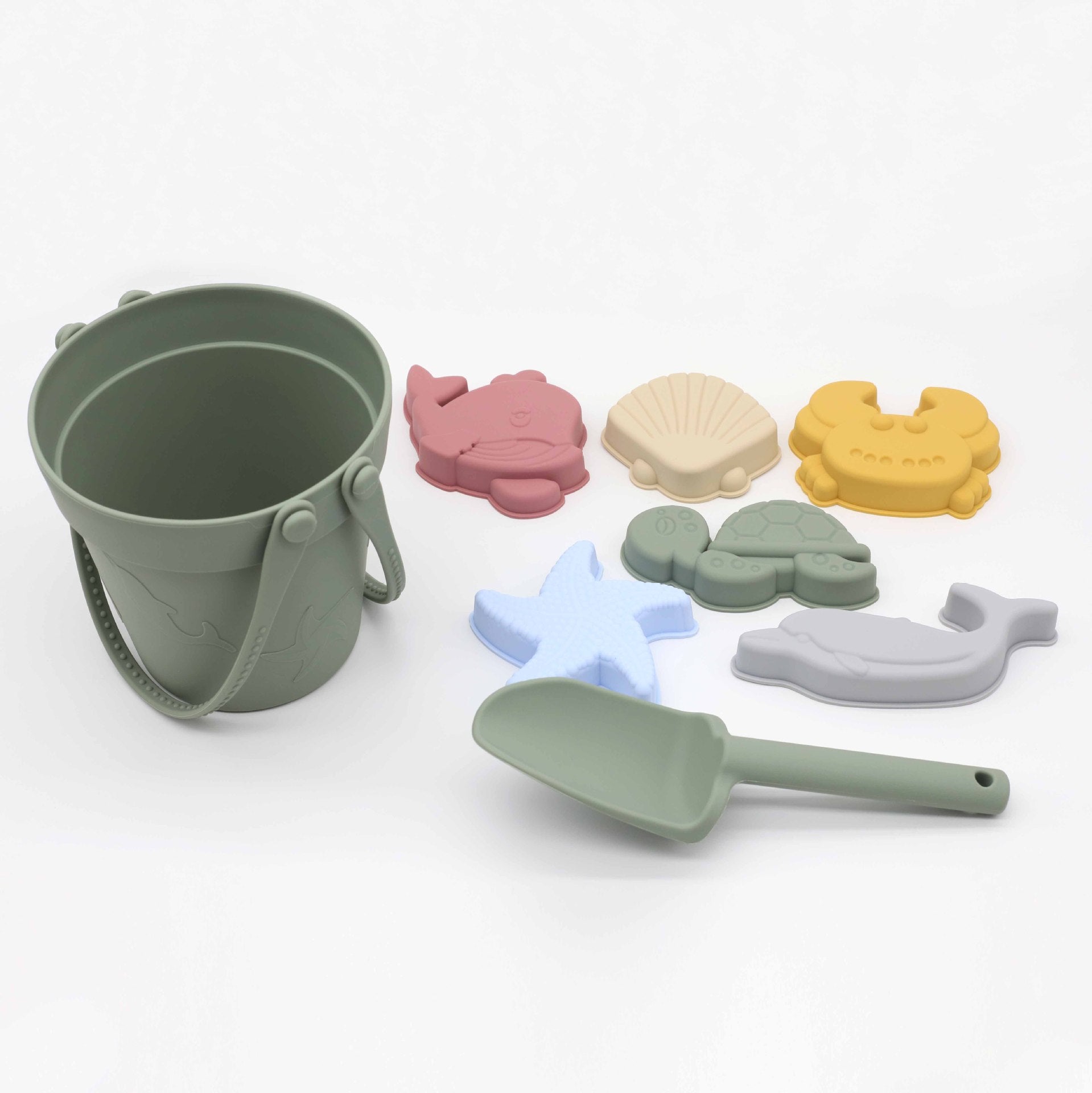 Colorful Baby Ocean Series Parent-Child Sand Digging Set including bucket, rake, and sifter for beach fun.