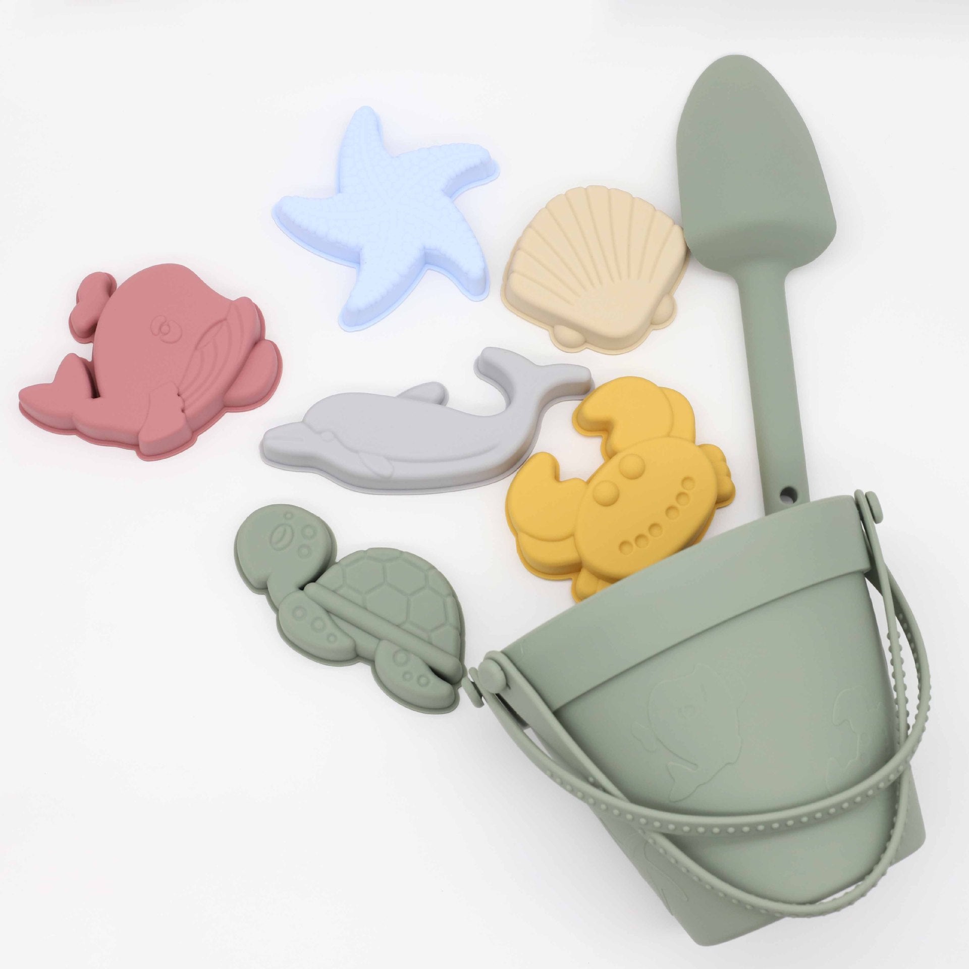 Colorful Baby Ocean Series Parent-Child Sand Digging Set including bucket, rake, and sifter for beach fun.