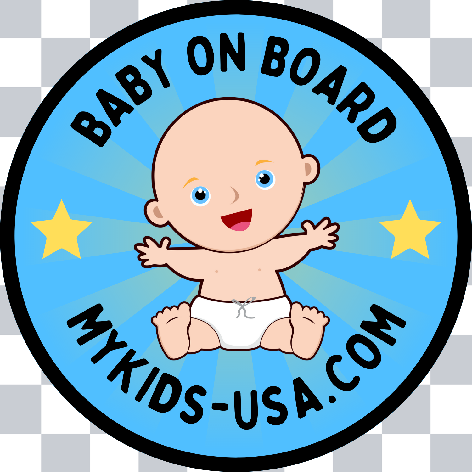 A circular Baby on Board Sticker featuring a cute design, measuring 5 inches in diameter, perfect for car windows.