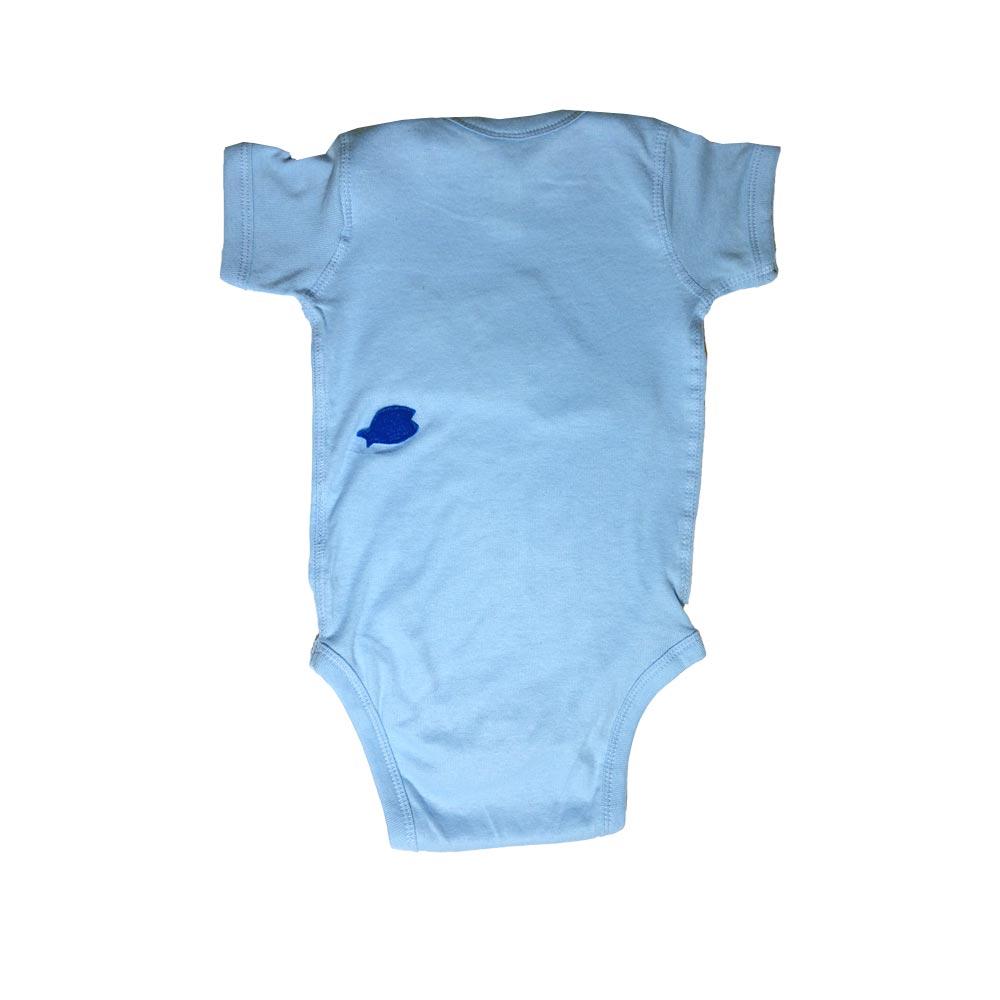 A handmade baby onesie featuring a playful shark and fish design, crafted with felt appliqués in vibrant colors, perfect for infants.