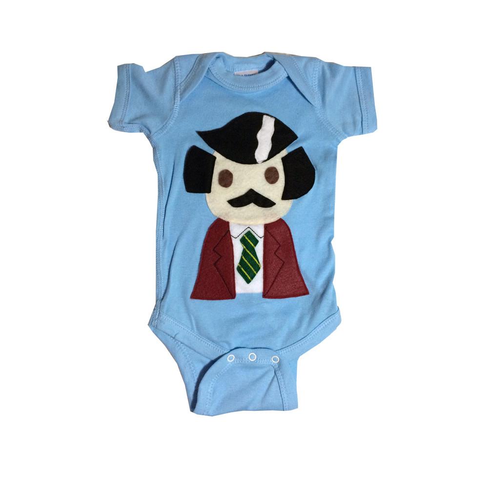 Handmade burgundy baby onesie featuring a striped tie and beard design, perfect for stylish infants.