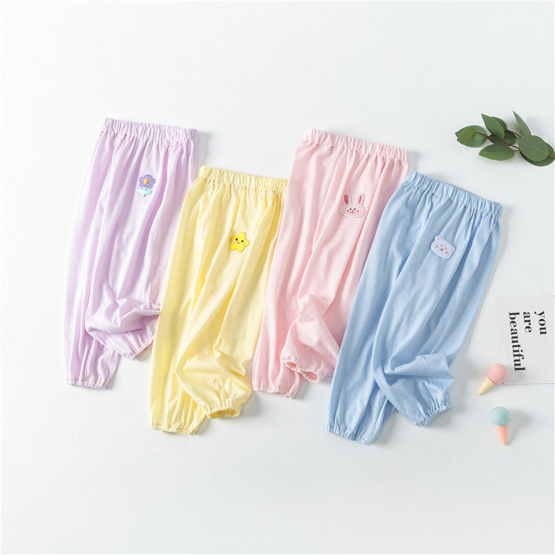 Baby pattern embroidery solid color wide-leg long pants with pockets in pink, blue, purple, and yellow, perfect for toddlers.