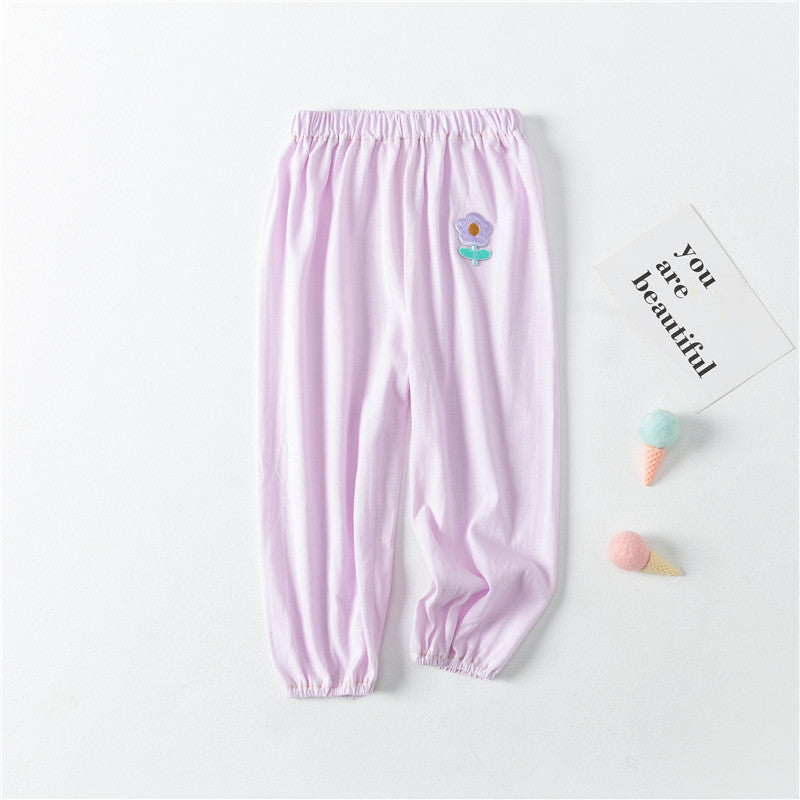 Baby pattern embroidery solid color wide-leg long pants with pockets in pink, blue, purple, and yellow, perfect for toddlers.