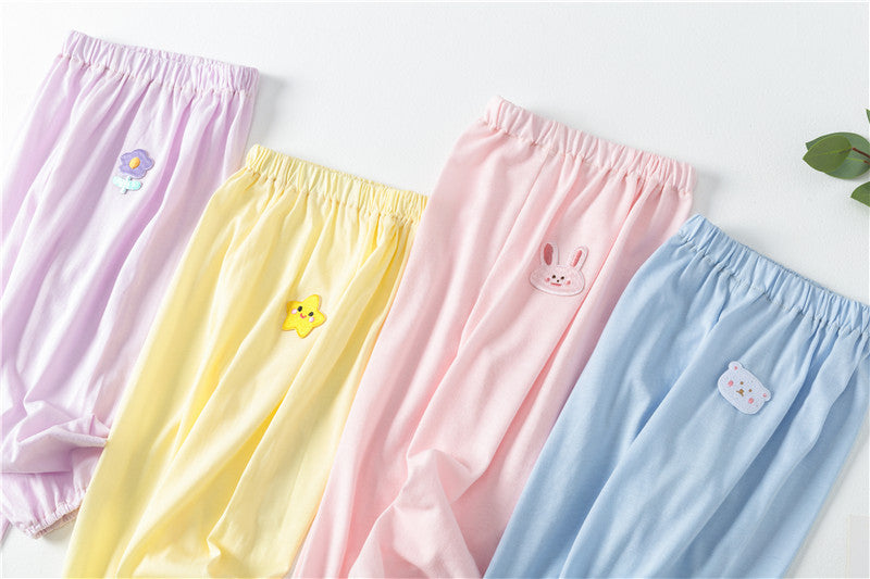 Baby pattern embroidery solid color wide-leg long pants with pockets in pink, blue, purple, and yellow, perfect for toddlers.