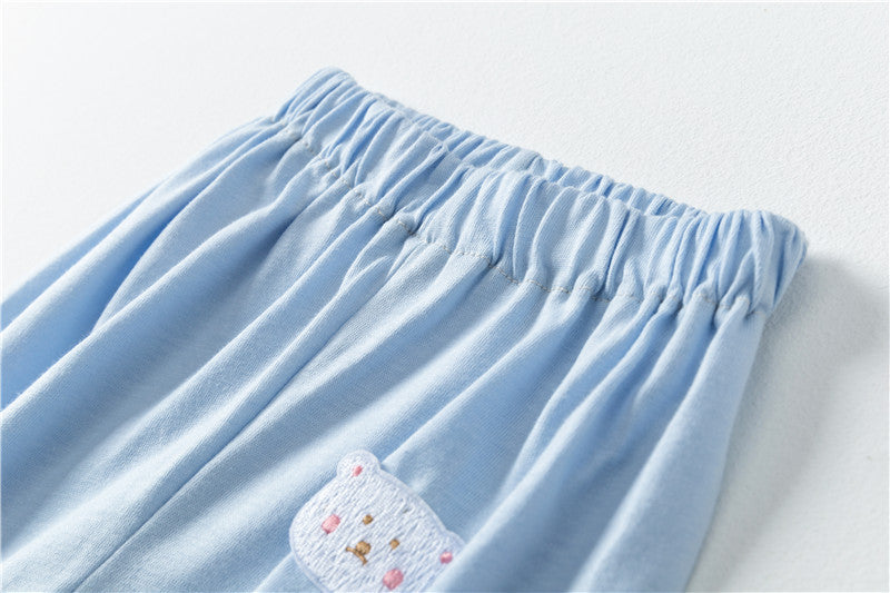 Baby pattern embroidery solid color wide-leg long pants with pockets in pink, blue, purple, and yellow, perfect for toddlers.