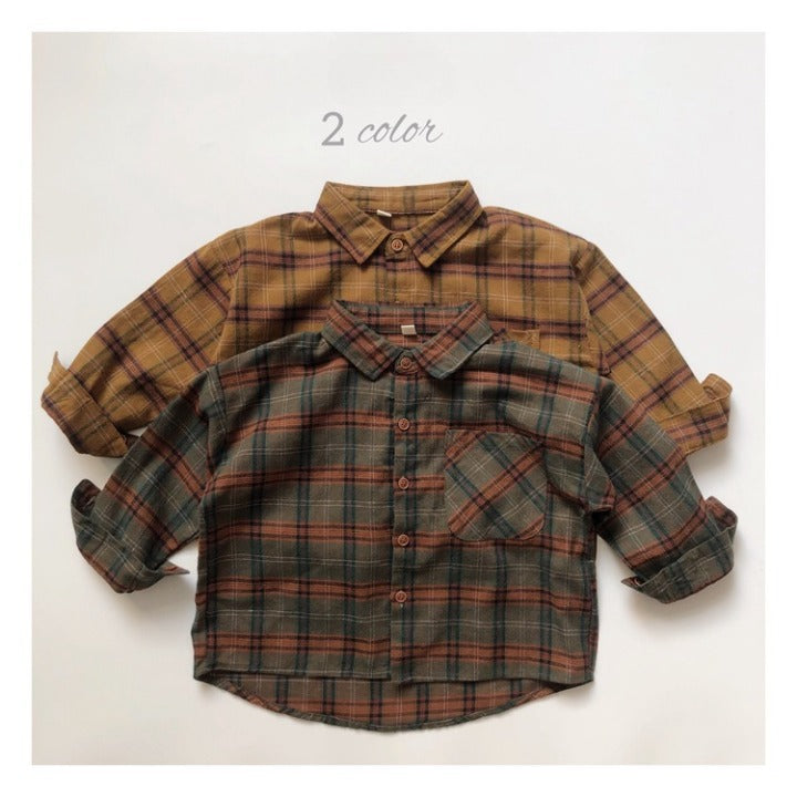 A stylish Baby Plaid Pattern Vintage Style Lapel Design Shirt in green and brown, perfect for babies and toddlers.