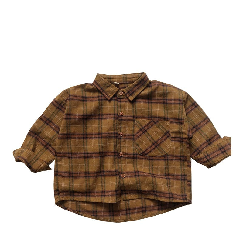 A stylish Baby Plaid Pattern Vintage Style Lapel Design Shirt in green and brown, perfect for babies and toddlers.