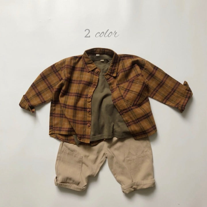 A stylish Baby Plaid Pattern Vintage Style Lapel Design Shirt in green and brown, perfect for babies and toddlers.