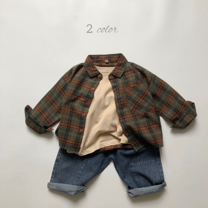 A stylish Baby Plaid Pattern Vintage Style Lapel Design Shirt in green and brown, perfect for babies and toddlers.