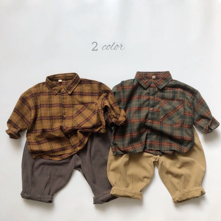 A stylish Baby Plaid Pattern Vintage Style Lapel Design Shirt in green and brown, perfect for babies and toddlers.