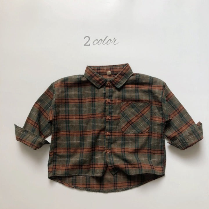 A stylish Baby Plaid Pattern Vintage Style Lapel Design Shirt in green and brown, perfect for babies and toddlers.