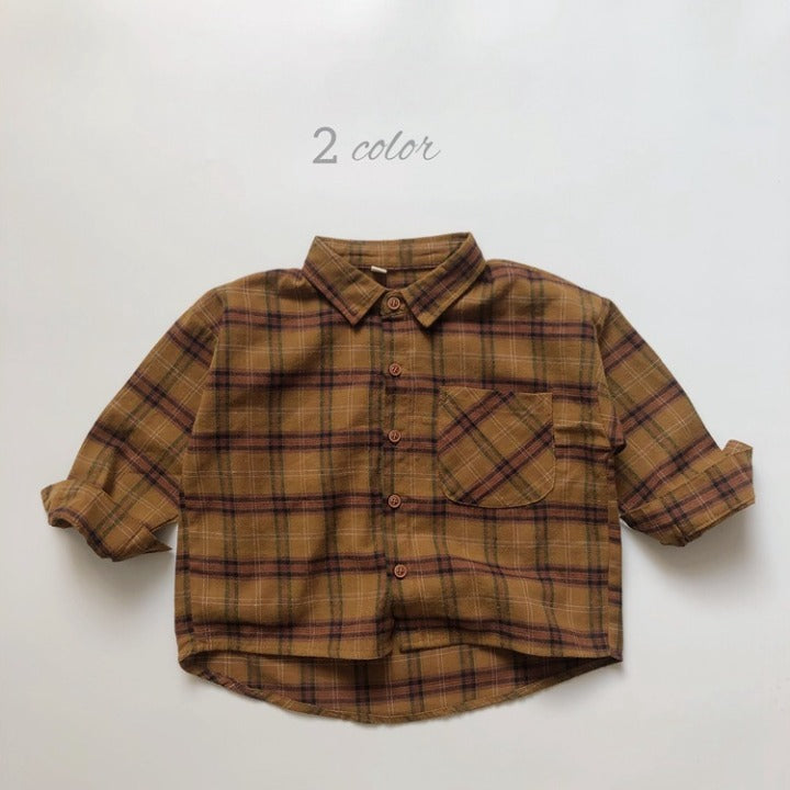 A stylish Baby Plaid Pattern Vintage Style Lapel Design Shirt in green and brown, perfect for babies and toddlers.