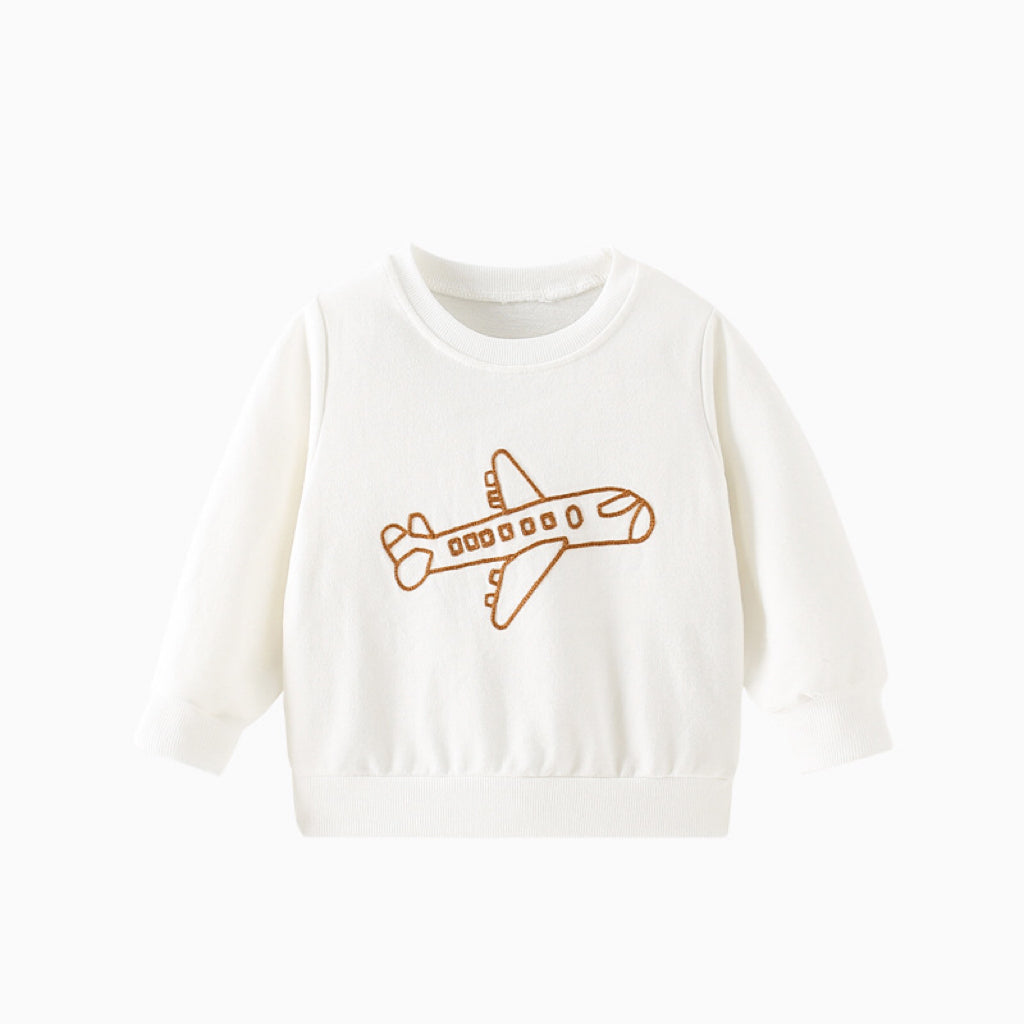 A cozy white hoodie for babies featuring a cute baby plane embroidered pattern, perfect for stylish everyday wear.