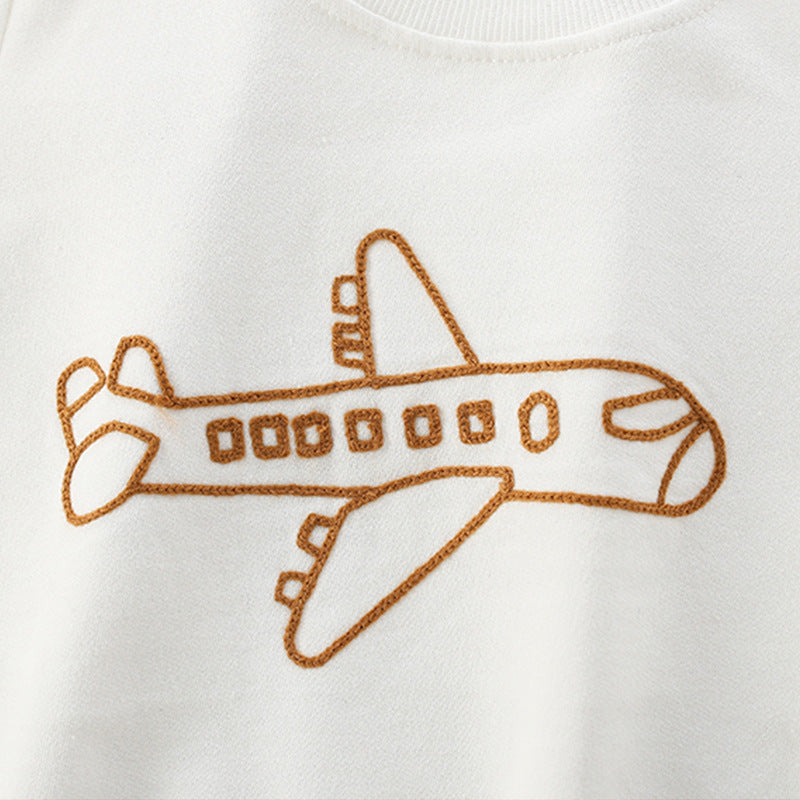 A cozy white hoodie for babies featuring a cute baby plane embroidered pattern, perfect for stylish everyday wear.