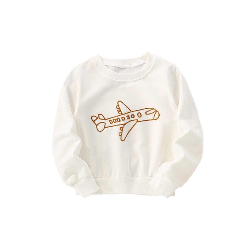 A cozy white hoodie for babies featuring a cute baby plane embroidered pattern, perfect for stylish everyday wear.