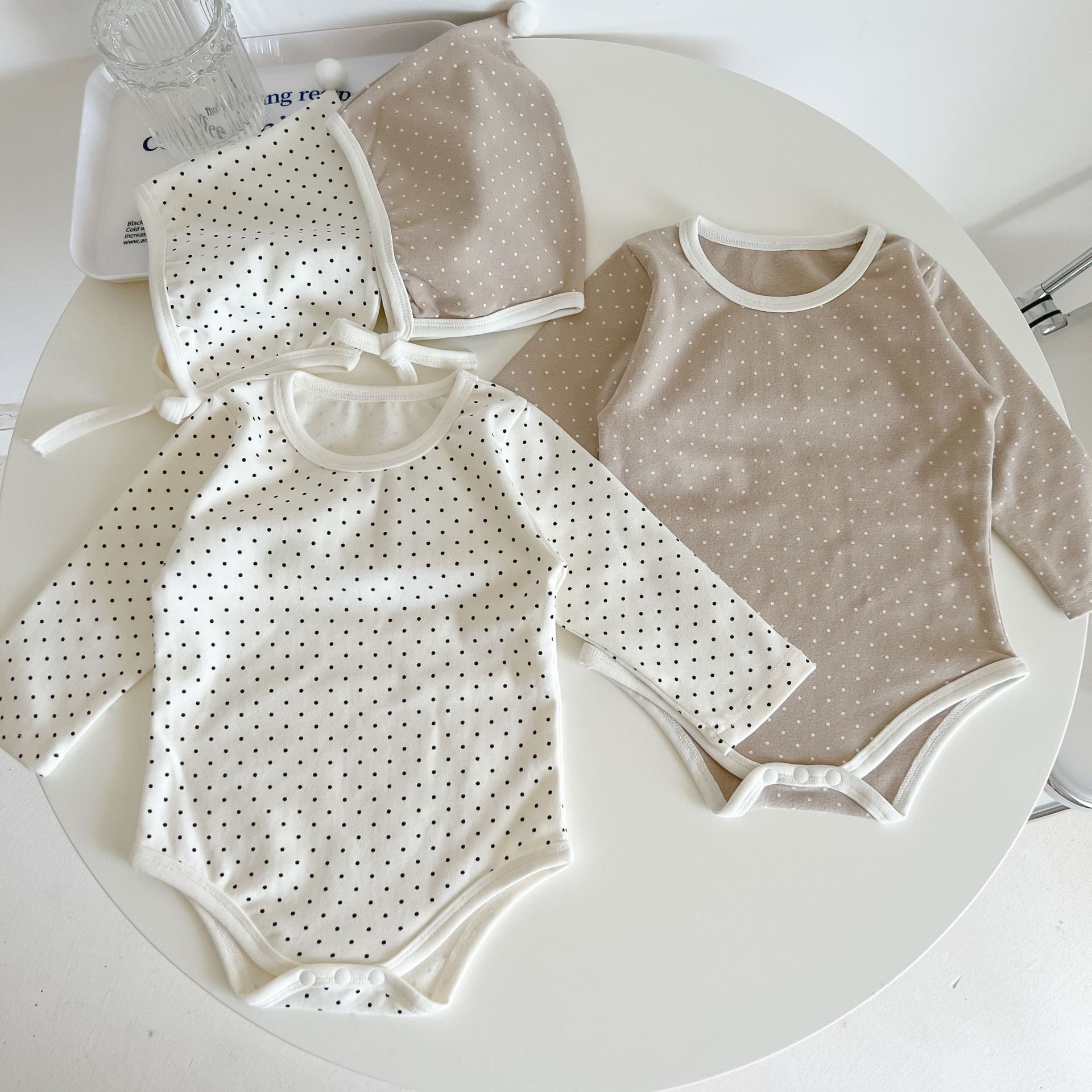 Baby Polka Dot Pattern Bodysuit with detachable wings, showcasing white and khaki colors, perfect for baby girls and boys.