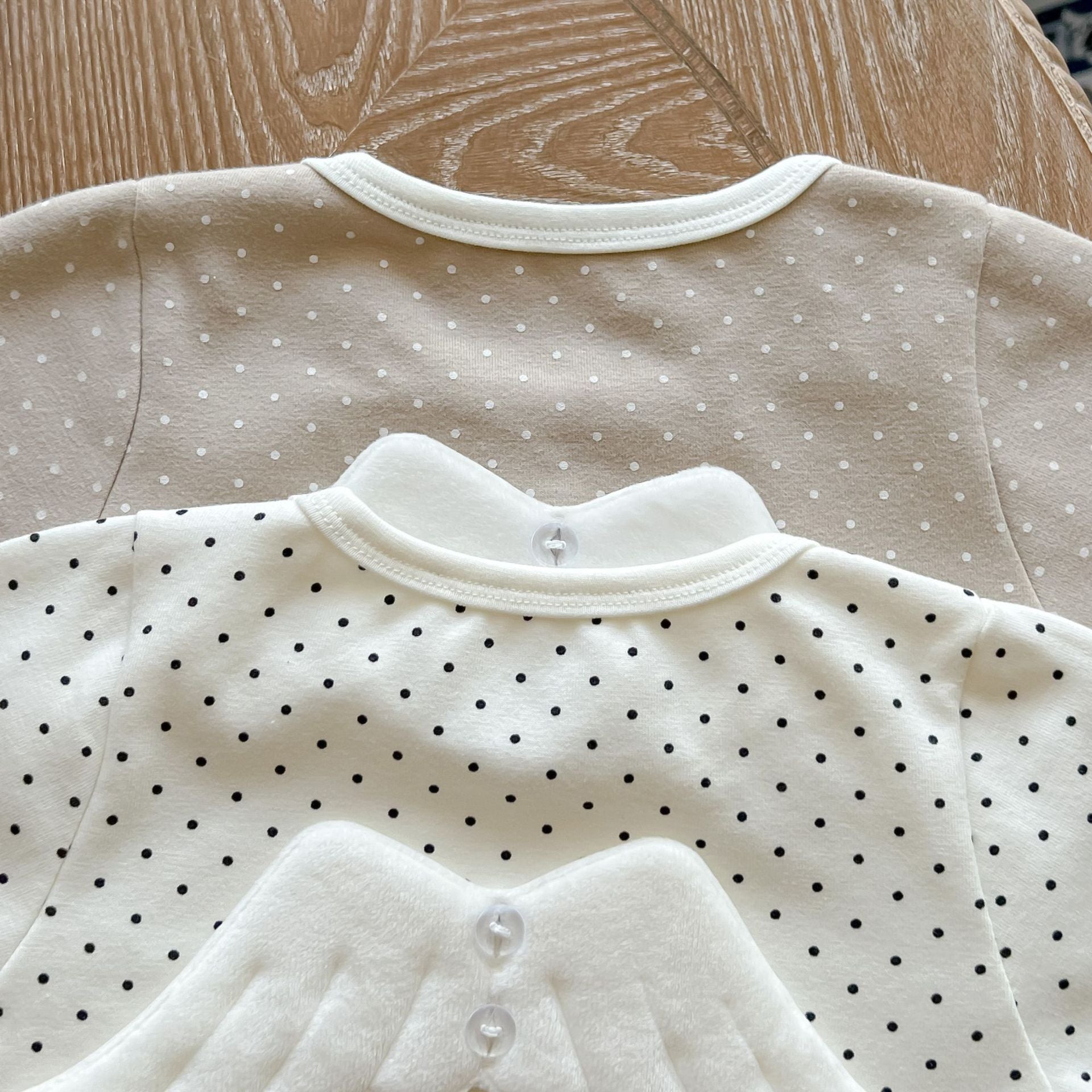 Baby Polka Dot Pattern Bodysuit with detachable wings, showcasing white and khaki colors, perfect for baby girls and boys.