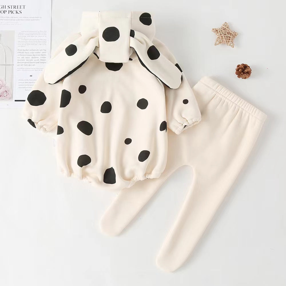 Adorable baby girl outfit featuring polka dot onesies, matching hat, and solid trousers in beige color.