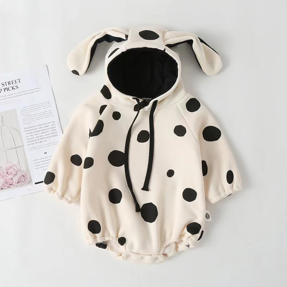 Adorable baby girl outfit featuring polka dot onesies, matching hat, and solid trousers in beige color.