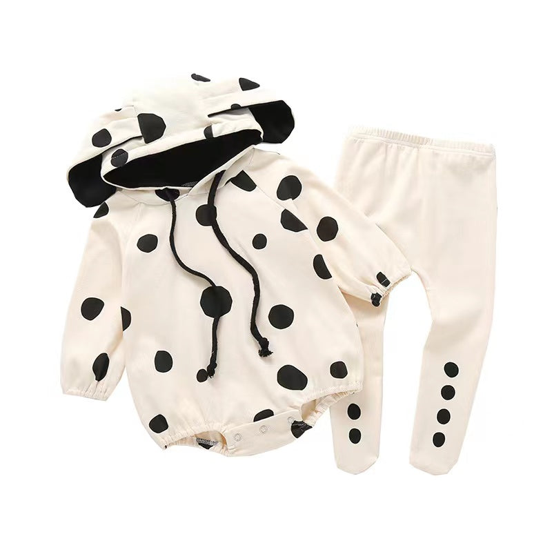 Adorable baby girl outfit featuring polka dot onesies, matching hat, and solid trousers in beige color.