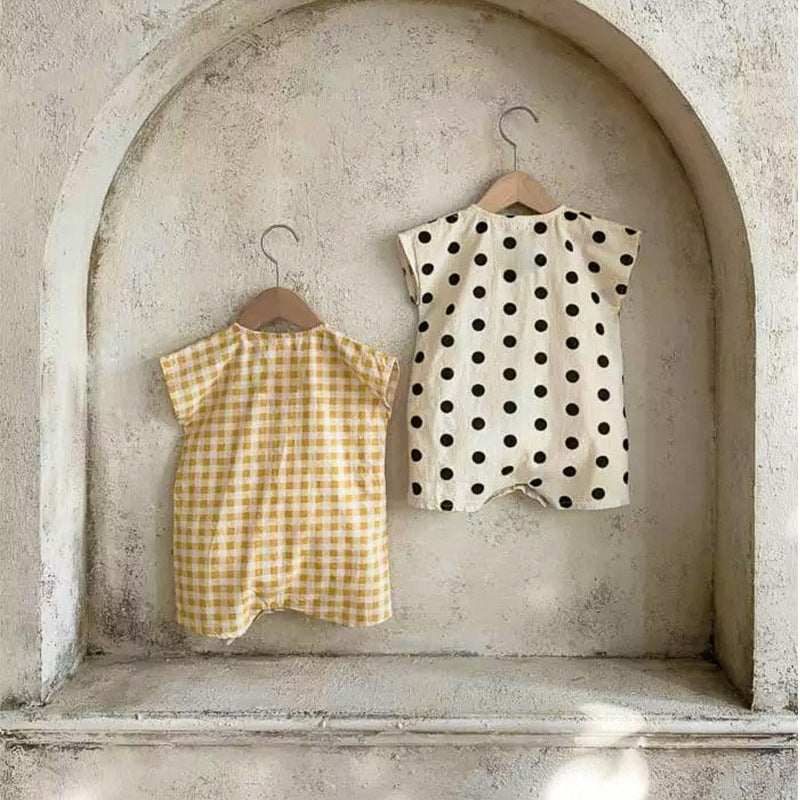 Baby Print Pattern Fashion Cotton Unisex Rompers in white and yellow with plaid and polka dot designs, suitable for summer wear.