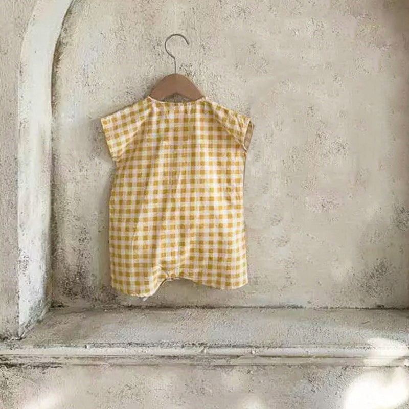 Baby Print Pattern Fashion Cotton Unisex Rompers in white and yellow with plaid and polka dot designs, suitable for summer wear.