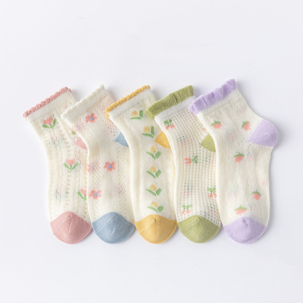 A colorful assortment of Baby Print Pattern Mesh Soft Cotton Socks, featuring cartoon designs and solid colors, perfect for infants and toddlers.