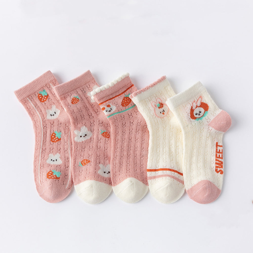 A colorful assortment of Baby Print Pattern Mesh Soft Cotton Socks, featuring cartoon designs and solid colors, perfect for infants and toddlers.