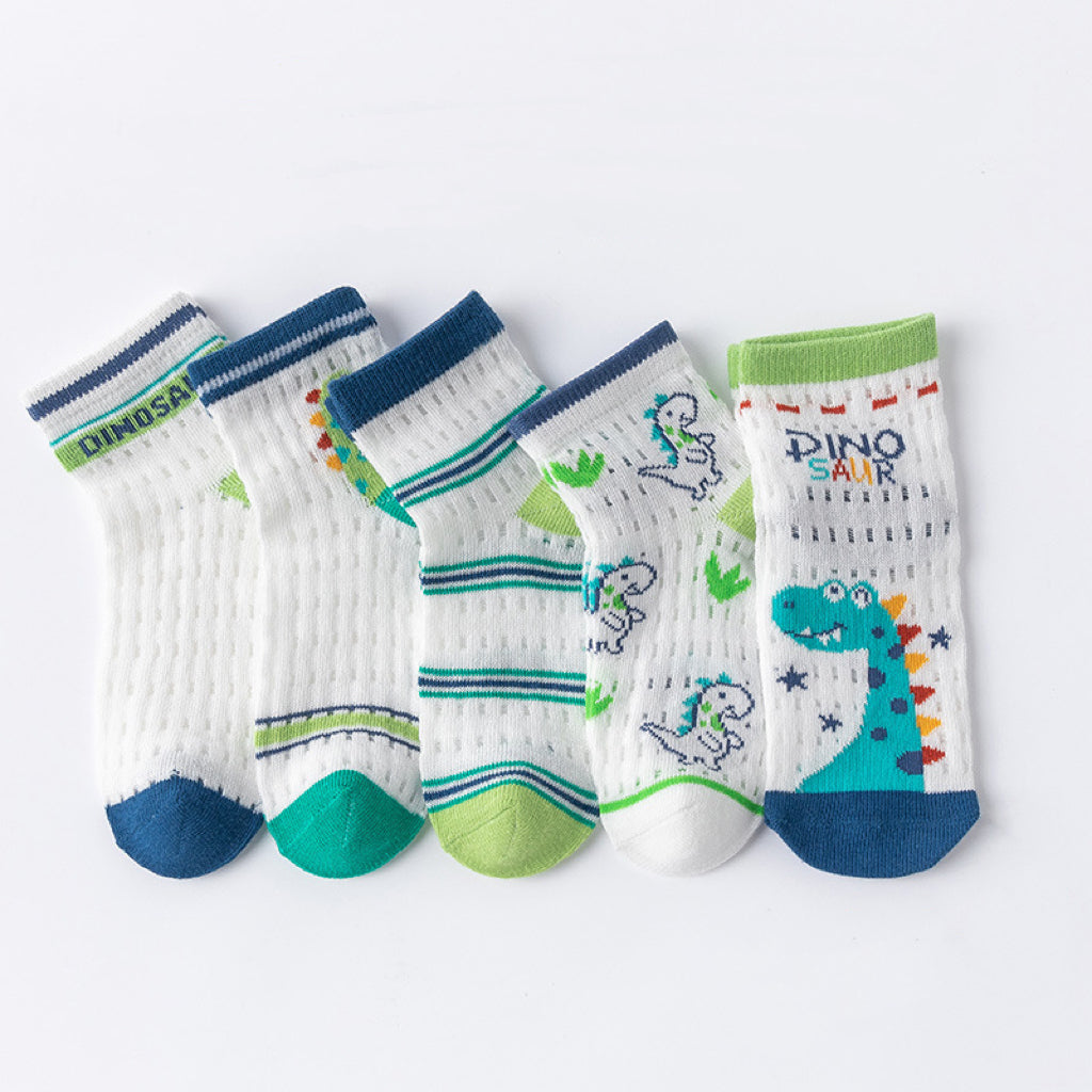 A colorful assortment of Baby Print Pattern Mesh Soft Cotton Socks, featuring cartoon designs and solid colors, perfect for infants and toddlers.