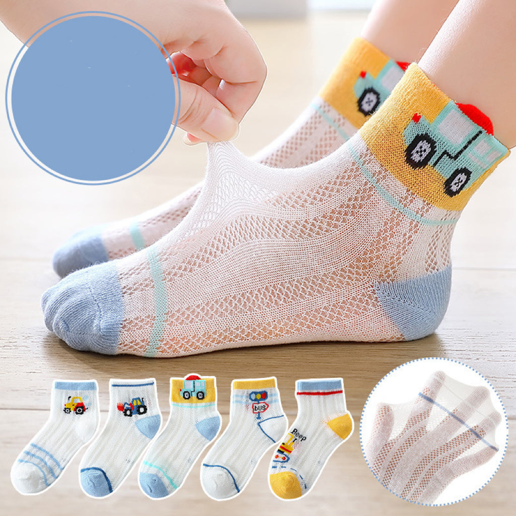 A colorful assortment of Baby Print Pattern Mesh Soft Cotton Socks, featuring cartoon designs and solid colors, perfect for infants and toddlers.