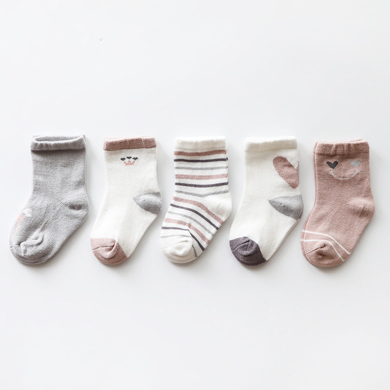 A colorful assortment of Baby Print Pattern Socks featuring animal and cartoon designs, made from soft cotton, perfect for babies.