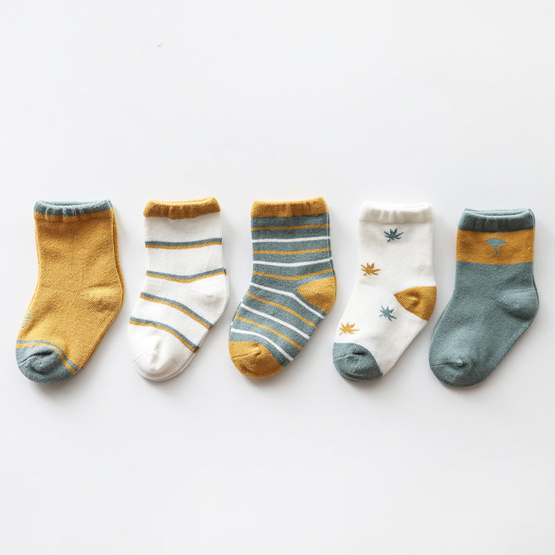 A colorful assortment of Baby Print Pattern Socks featuring animal and cartoon designs, made from soft cotton, perfect for babies.