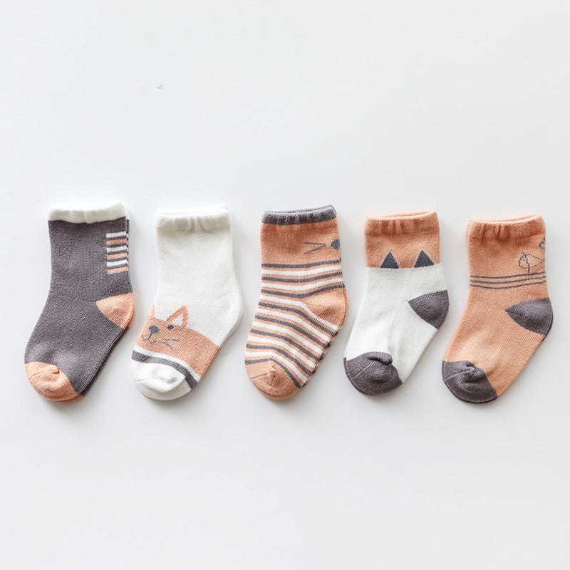 A colorful assortment of Baby Print Pattern Socks featuring animal and cartoon designs, made from soft cotton, perfect for babies.