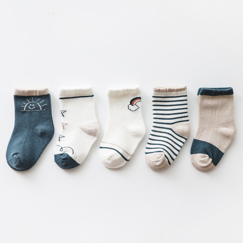 A colorful assortment of Baby Print Pattern Socks featuring animal and cartoon designs, made from soft cotton, perfect for babies.