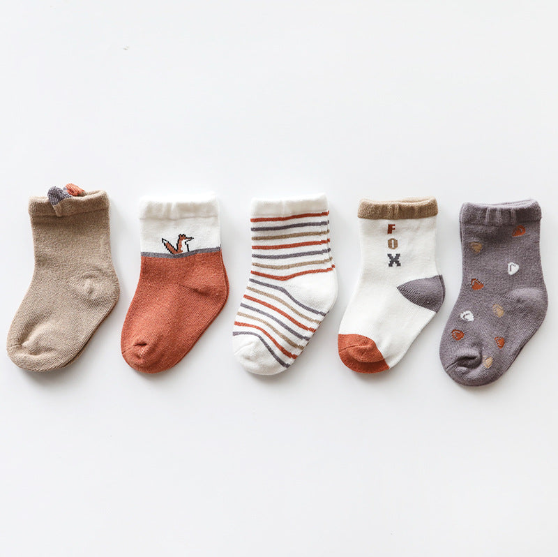 A colorful assortment of Baby Print Pattern Socks featuring animal and cartoon designs, made from soft cotton, perfect for babies.