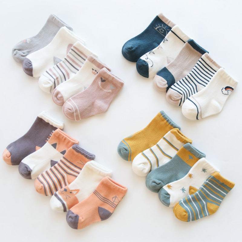 A colorful assortment of Baby Print Pattern Socks featuring animal and cartoon designs, made from soft cotton, perfect for babies.