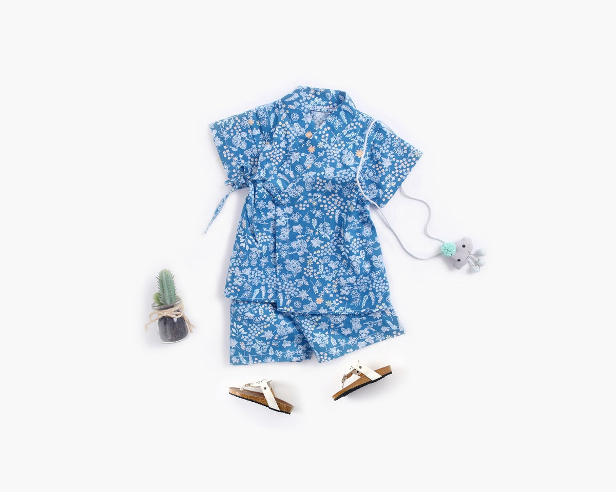 Baby Printed Pattern Belt Design T-Shirt Combo Shorts in blue with floral design, perfect for summer nightwear.