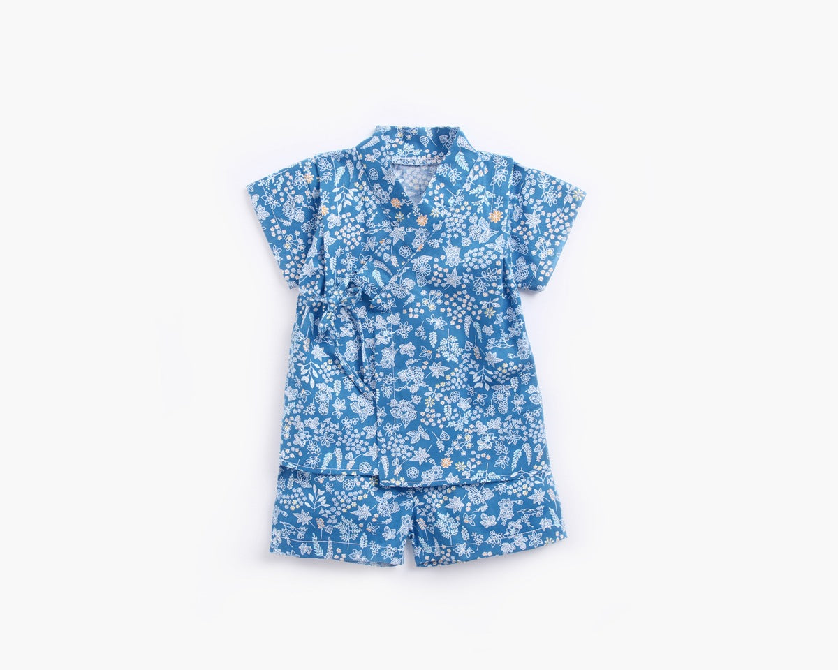 Baby Printed Pattern Belt Design T-Shirt Combo Shorts in blue with floral design, perfect for summer nightwear.