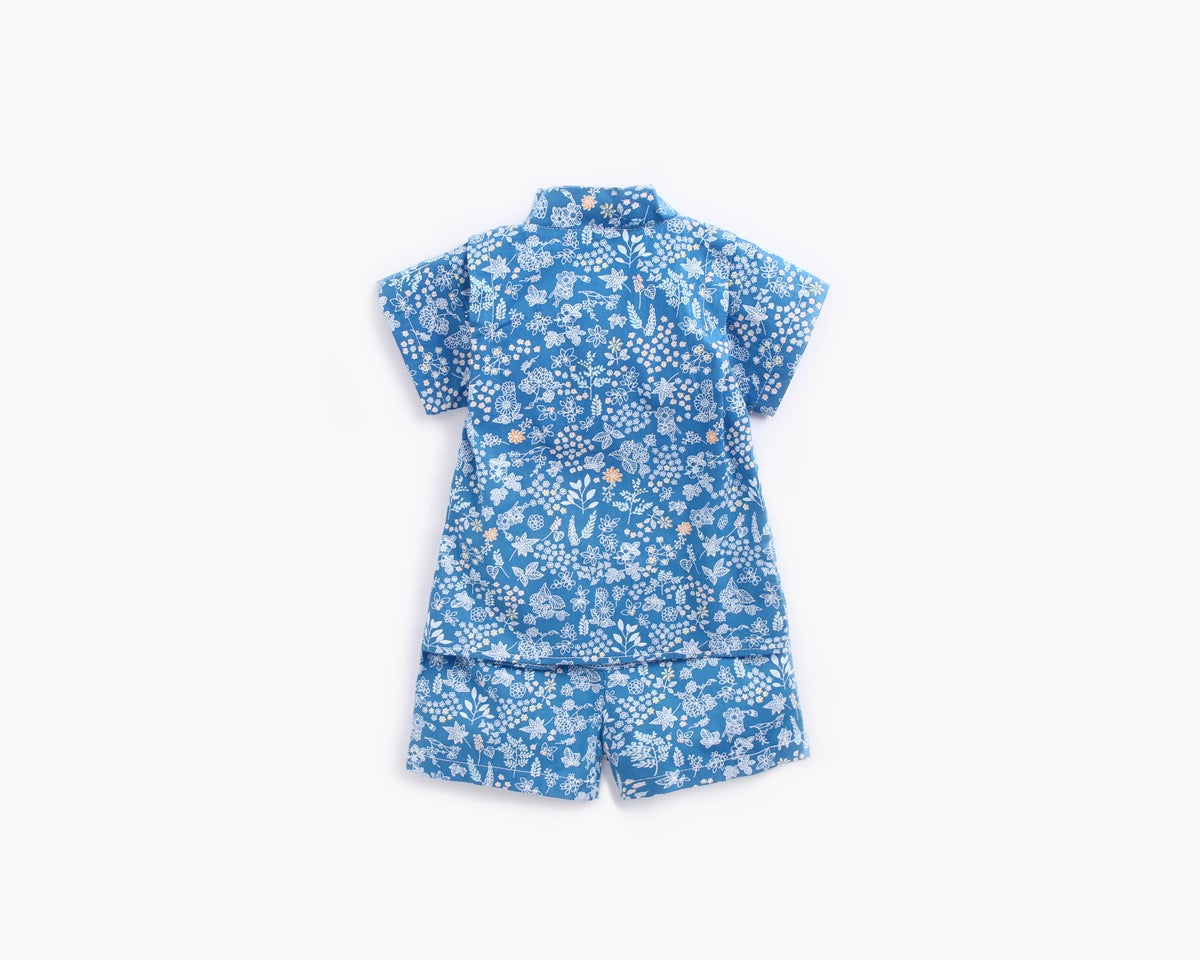 Baby Printed Pattern Belt Design T-Shirt Combo Shorts in blue with floral design, perfect for summer nightwear.