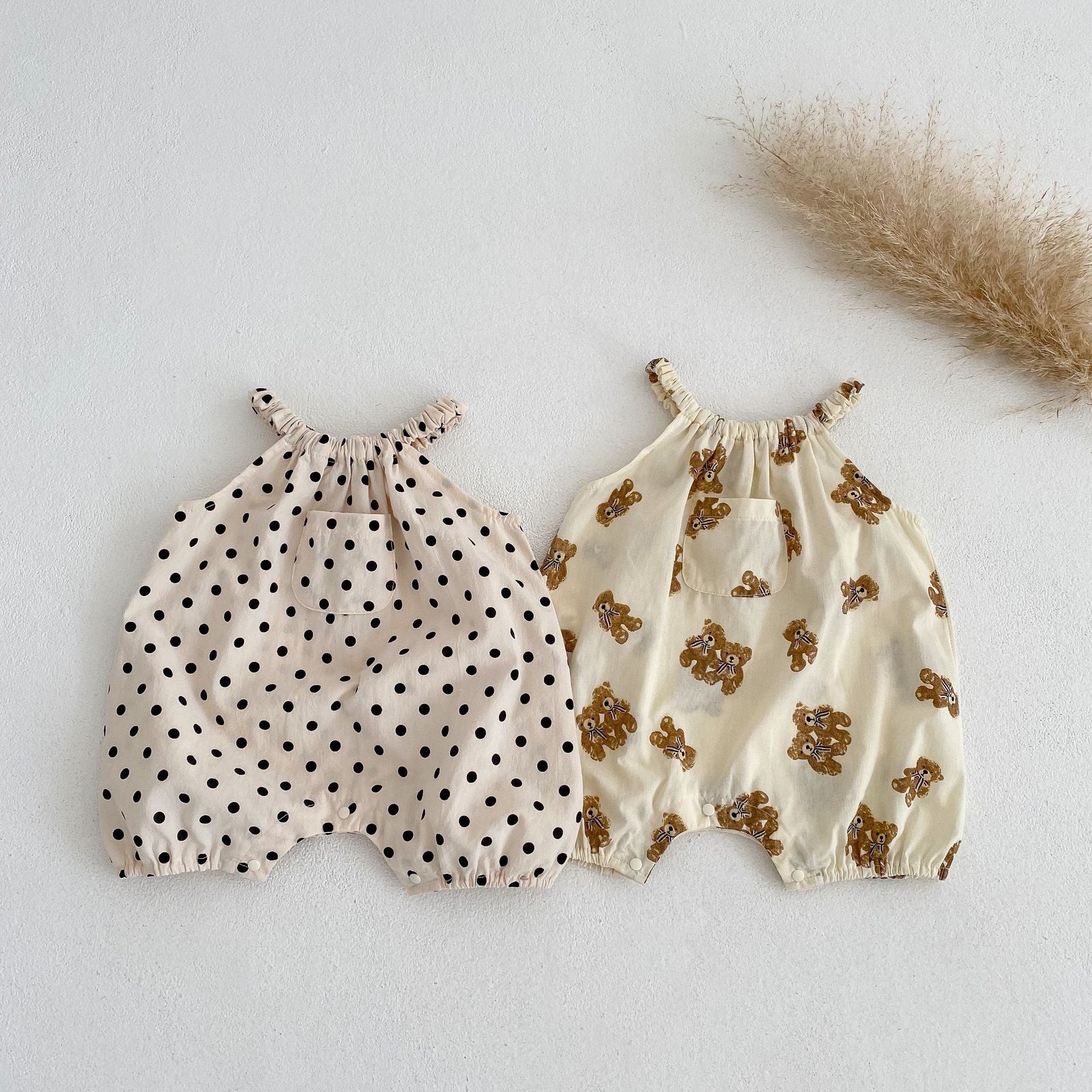 Baby Printed Pattern Sling Summer Romper in apricot color with polka dot and cartoon designs, perfect for summer wear.