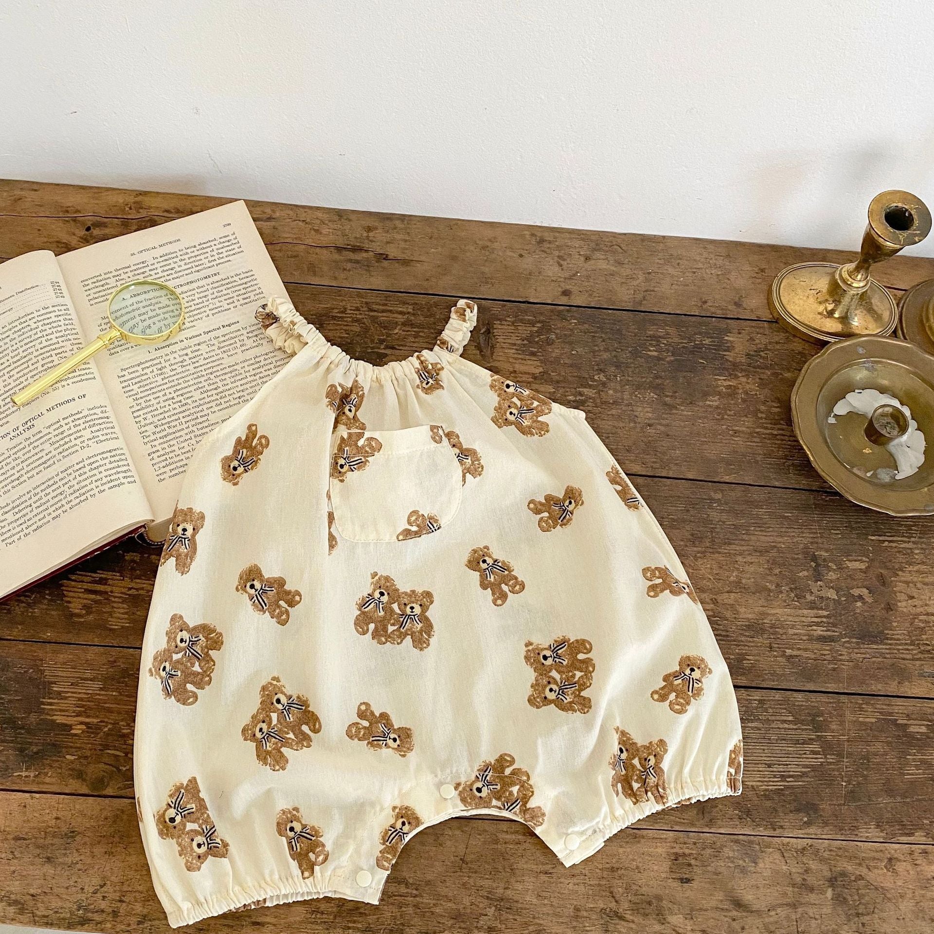 Baby Printed Pattern Sling Summer Romper in apricot color with polka dot and cartoon designs, perfect for summer wear.