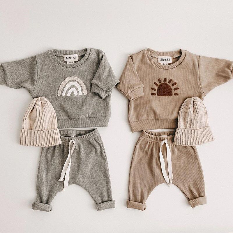 Baby Rainbow Sun Pattern Hoodies Combo Pants Sets in grey and brown, featuring a vibrant rainbow sun design, perfect for baby girls and boys.