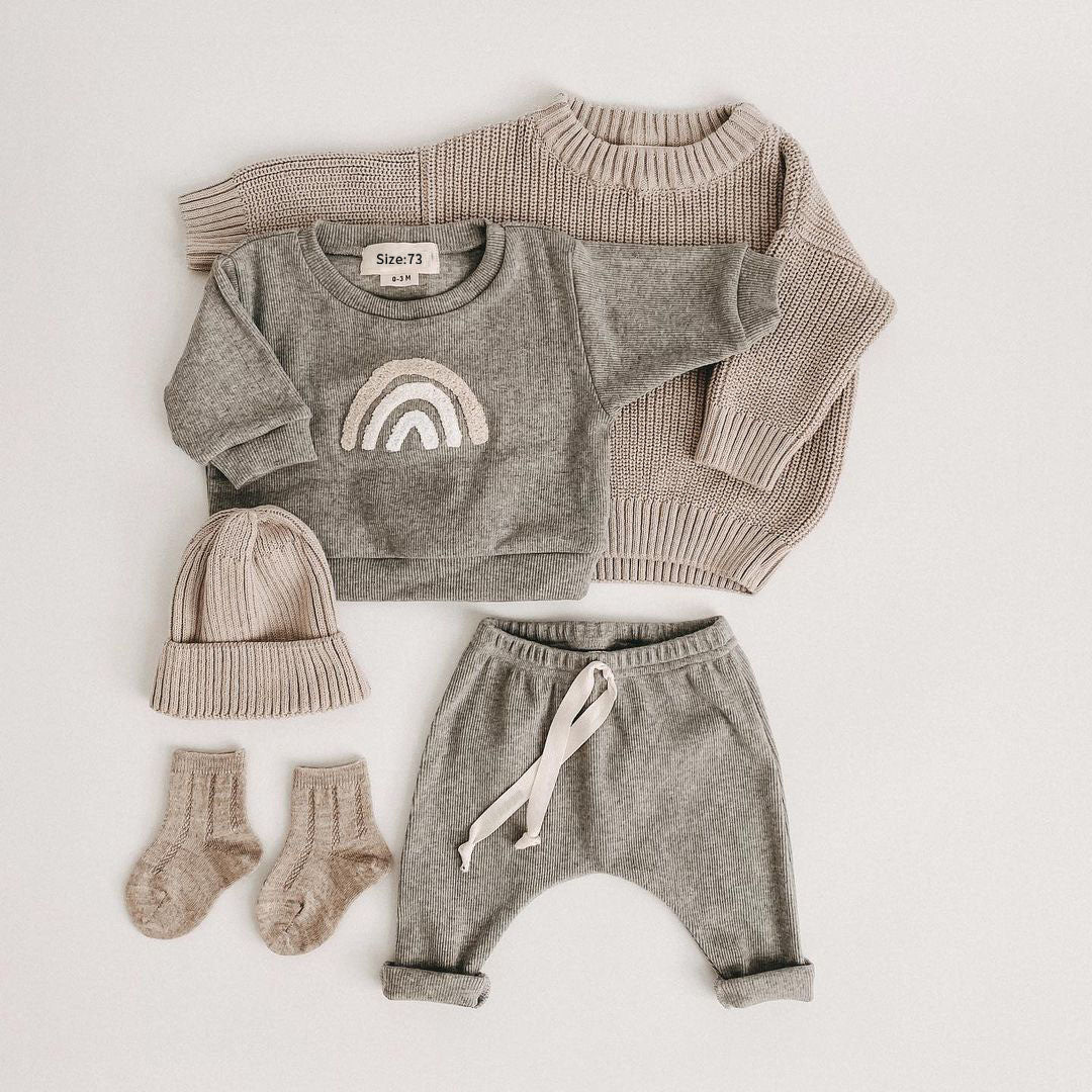 Baby Rainbow Sun Pattern Hoodies Combo Pants Sets in grey and brown, featuring a vibrant rainbow sun design, perfect for baby girls and boys.