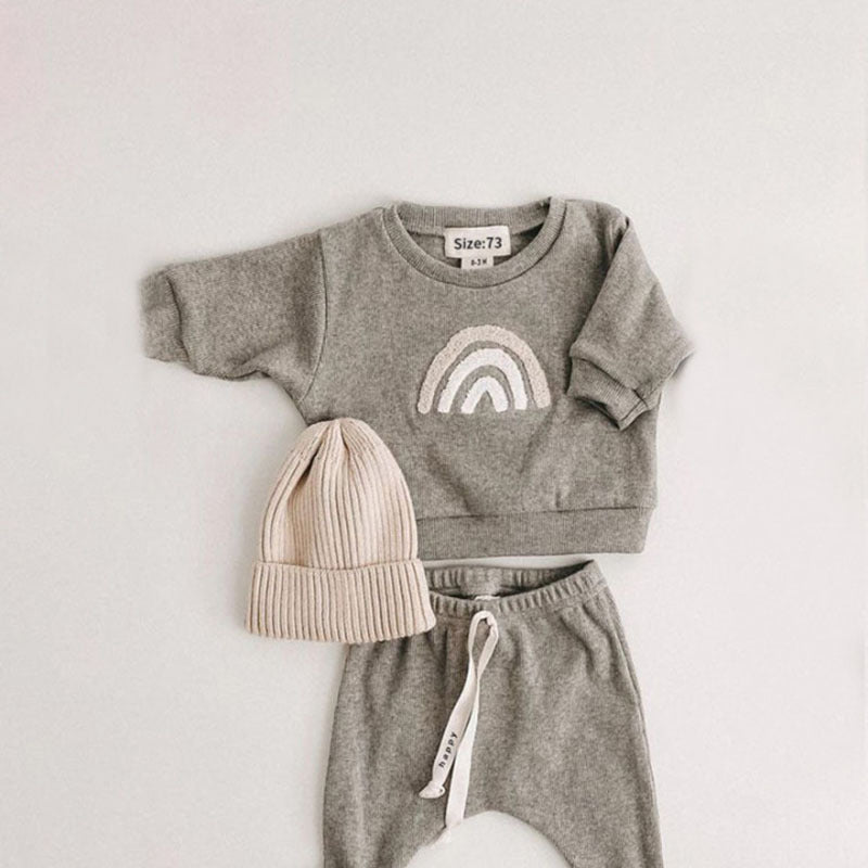 Baby Rainbow Sun Pattern Hoodies Combo Pants Sets in grey and brown, featuring a vibrant rainbow sun design, perfect for baby girls and boys.