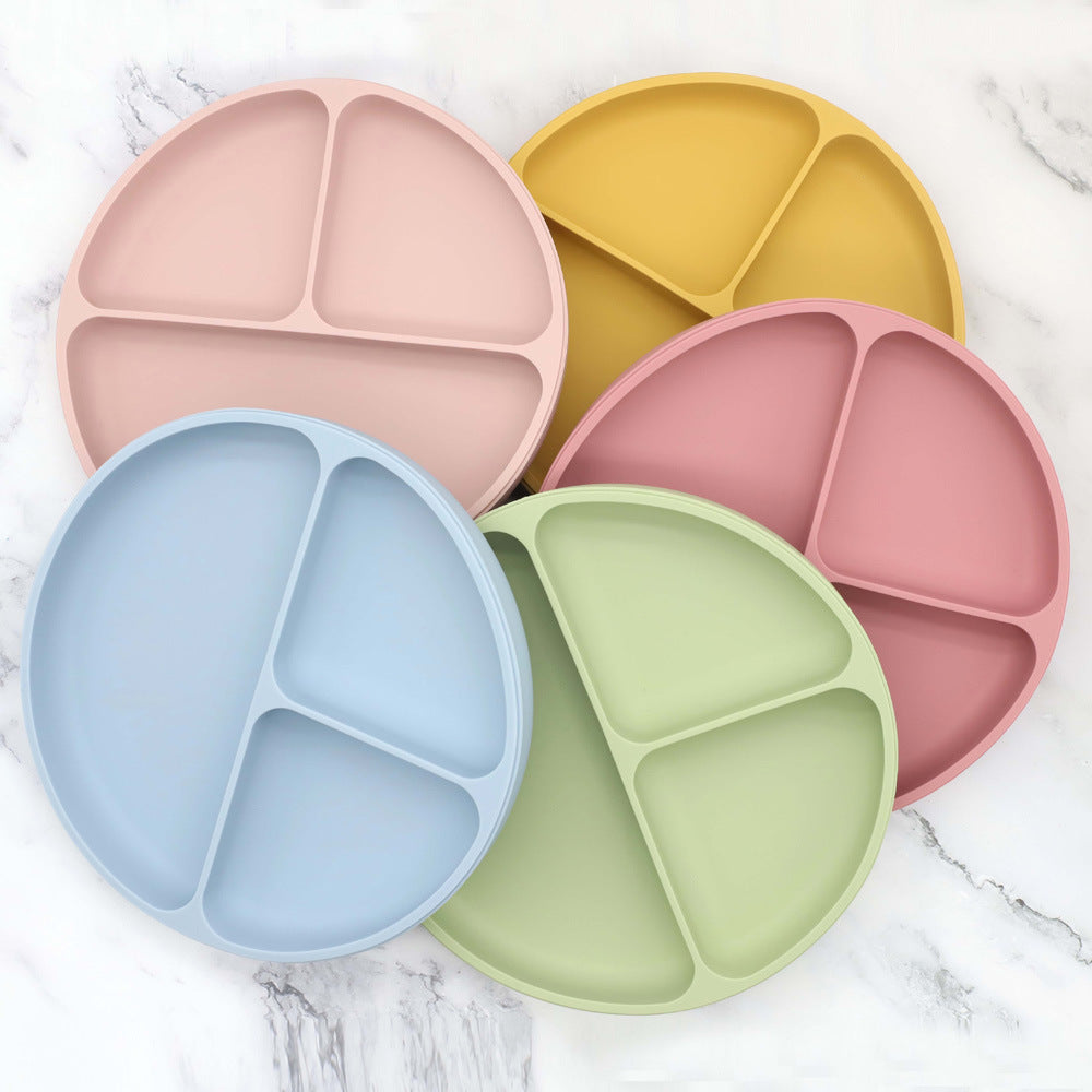 Colorful Baby Silicone Round Sucker Compartment Dinner Plate with Spoon and Fork, designed for mess-free mealtimes.